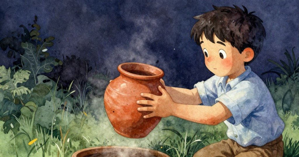 Xavier細心提起陶罐，展現礦物粉末與砂環的精緻細節，手部動作溫柔，呈現靜謐而神秘的工作情景