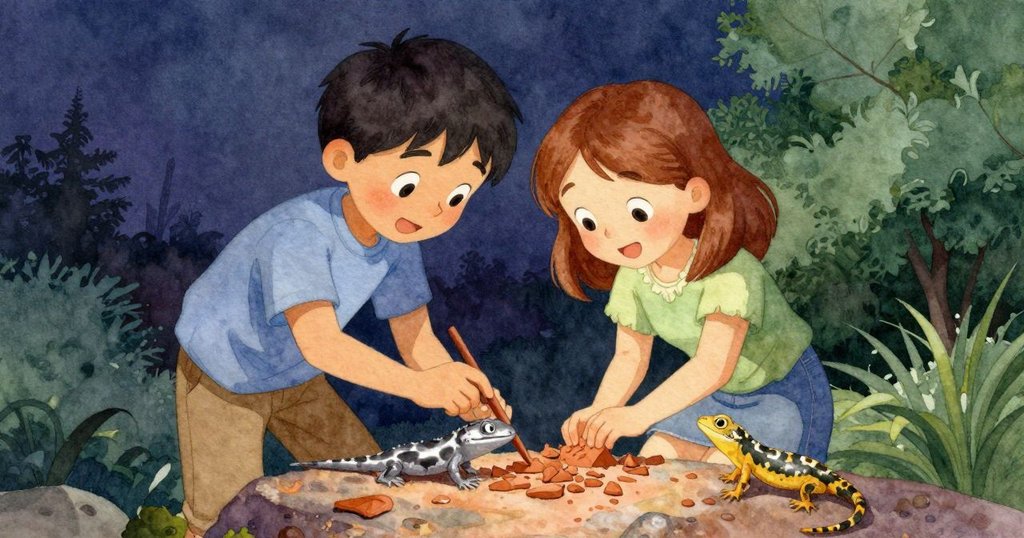 小蜥蜴蹲在石上觀察Xavier調整陶罐，低視角展現砂礫與乾燥地表細節，充滿好奇與自然氣息