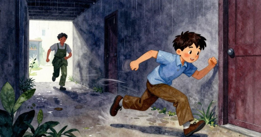 園丁急速穿過濕潤走廊，Xavier緊跟追趕，背景留有遺落的泡沫茶杯，動態呈現急促追逐的緊張瞬間