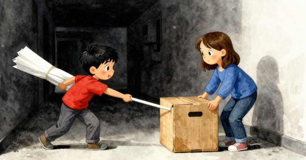 Reed 用力拉動紙捆，Sage 穩住塑料箱，畫面分割展現兩人合作瞬間，室內走廊背景細節豐富