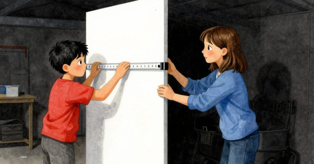 Sage 膝跪撐住卡住的面板，Reed 專注滑動長尺，兩人互動協作神情專注，室內走廊場景細膩展現