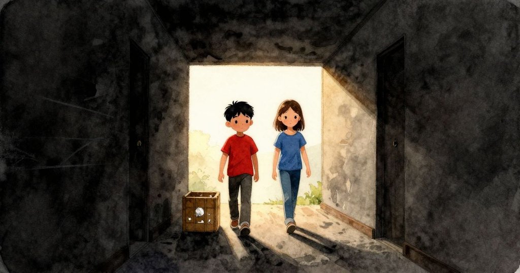 Reed 與 Sage 成功完成任務後朝教室走去，背後箱子有凹痕，小圖釘在踢腳線旁閃光，溫暖夕陽映照出滿足神情