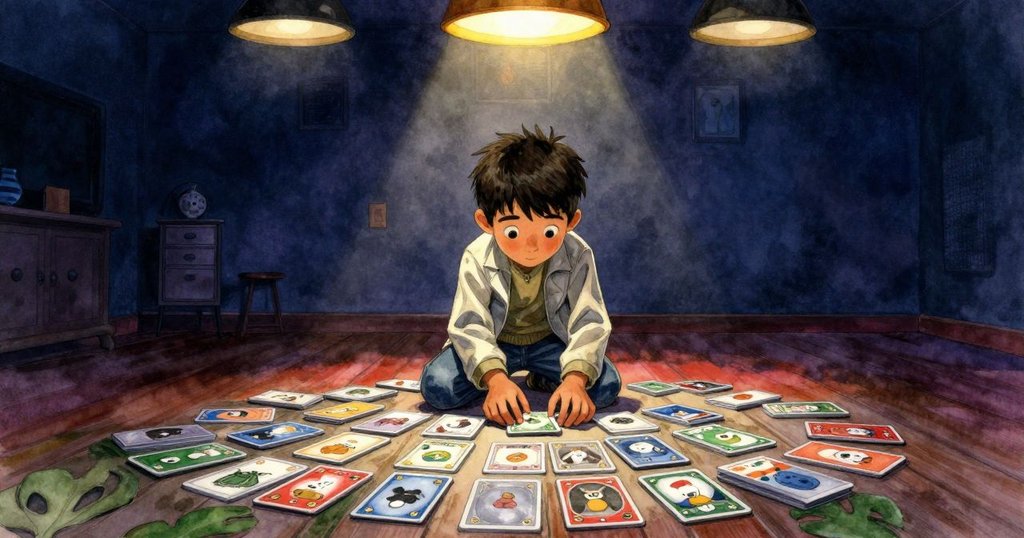 拉爾斯在室內調整卡片, 聚光燈下創造明暗對比, 背景有珊瑚窗, 表情專注,開始探索