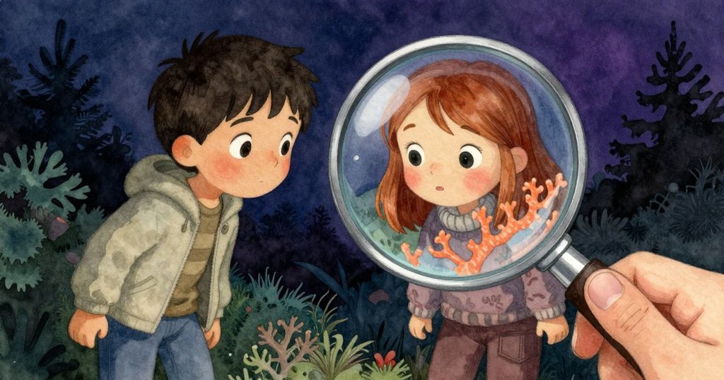 透過放大鏡看珊瑚窗, 展現橘色脊線與明亮光條, 拉爾斯充滿好奇, 主觀視角表現探索細節