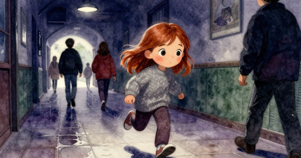 碧婭在走廊專心畫魚形, 周圍有其他訪客輕步移動, 地面濕潤反射光線, 氣氛生動有序