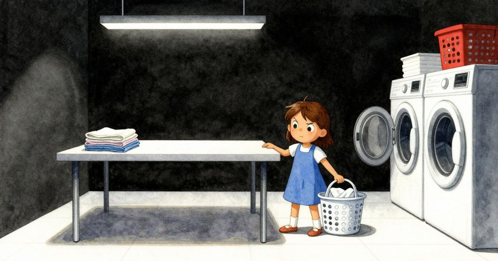 露比站在洗衣房，靠近放有整齊毛巾與濕毛巾的籃子，神情專注，背景有洗衣機及乾衣機運作聲