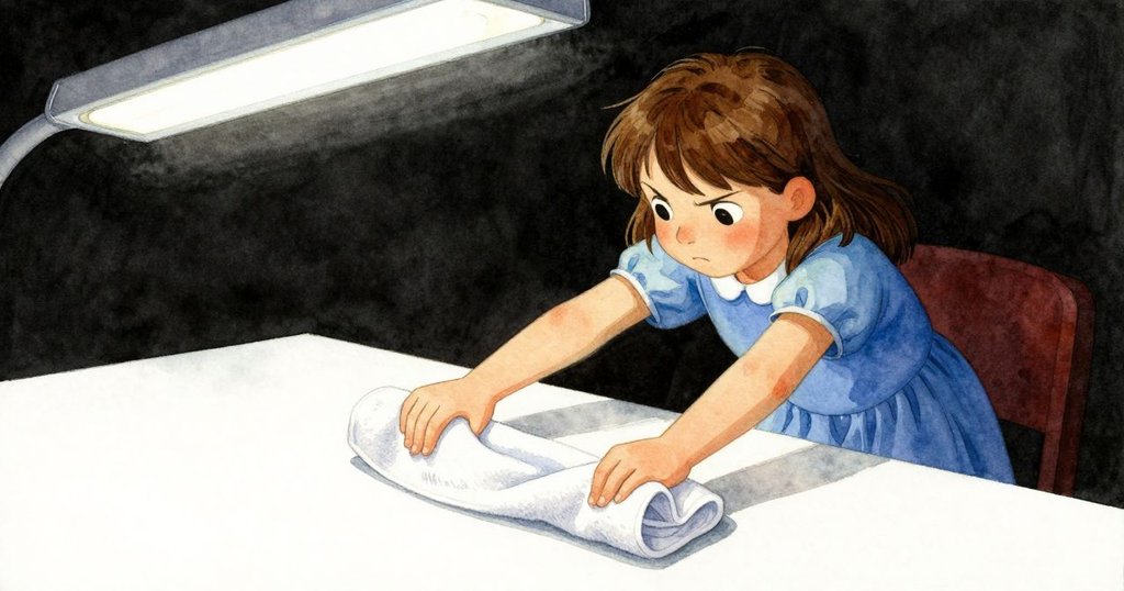 露比在桌上輕輕滑動毛巾，仔細調整摺痕，動作溫柔背景簡約明亮