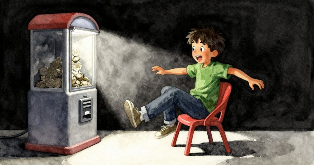 芬恩在塑膠椅上旋轉，驚覺硬幣卡住機器，臉上流露出驚訝，背景充滿動感和明亮光線