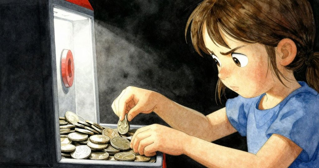 露比專注於硬幣機，雙手操作工具推動硬幣，面部表情堅定，特寫展示金屬光澤和細節