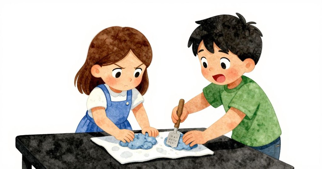 露比和芬恩在桌旁合作，用鏟子小心去除毛巾上的藍色黏土，表情集中背景顯示水痕與細節