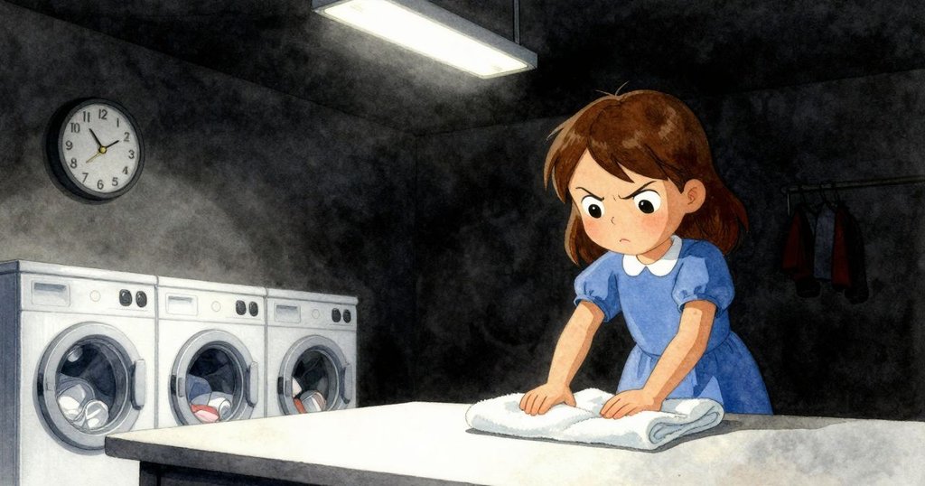 露比在寧靜的洗衣房靜靜整理毛巾，時鐘滴答作響，硬幣旋轉後歸於平靜，展現任務圓滿