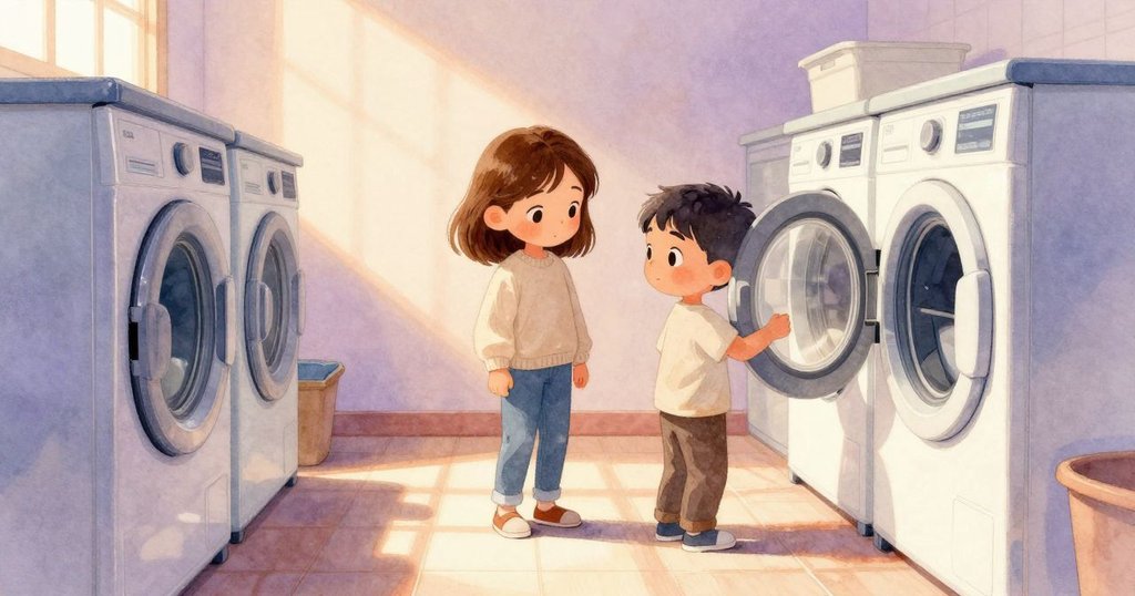 Fleur在明亮洗衣房中打開烘乾機門，Troy在旁邊輕靠著塑膠椅，場景充滿溫暖明亮光線，動作生動