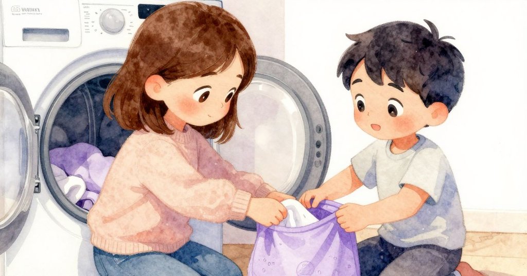 以Fleur視角展示其手將薰衣草香包放入烘乾機內，濕毛巾與褲子細節豐富，充滿細膩溫柔感