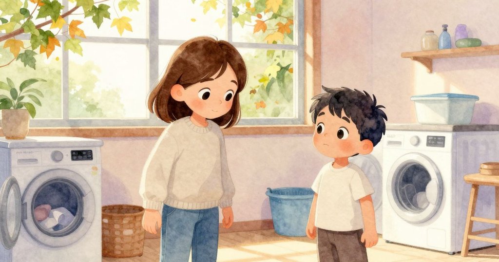 洗衣房窗外秋意濃厚，金黃與葉綠交織，Fleur與Troy望向窗外，感受暖意與自然光影