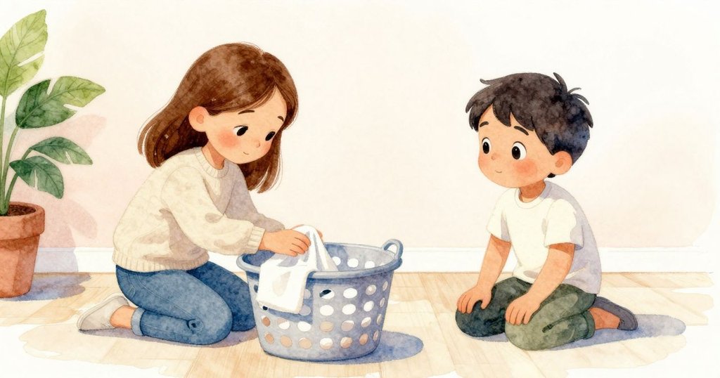 Fleur用毛巾輕拍水跡，Troy檢查濕雜誌，洗衣房靜謐中透露未完待續的故事感