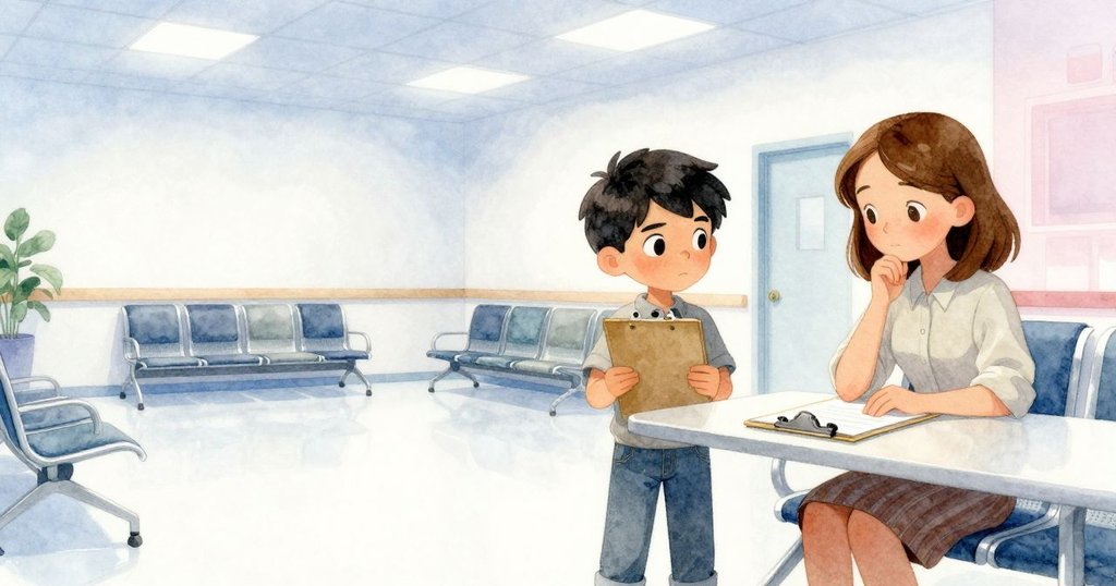 Cole 正輕推板子, Petra 護持泡沫椅, 病房內展示等待情境, 背景中斑點小狗輕步移動，現場充滿忙碌溫暖感