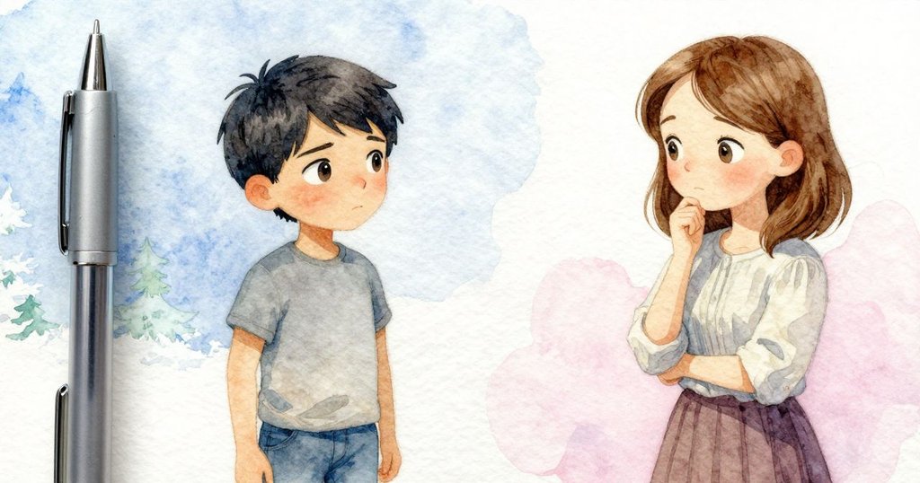 Cole或Petra 手輕觸唯一可用的球筆, 細膩展現金屬光澤與鏈條懸掛, 場景顯示工作細節與情境