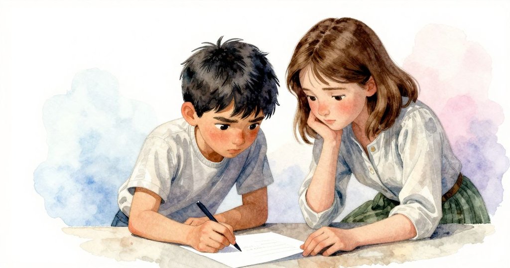 Petra 與 Cole 低角度肩並肩討論表格, 面部展現堅定神情, 現代診所內紙張堆疊細節豐富