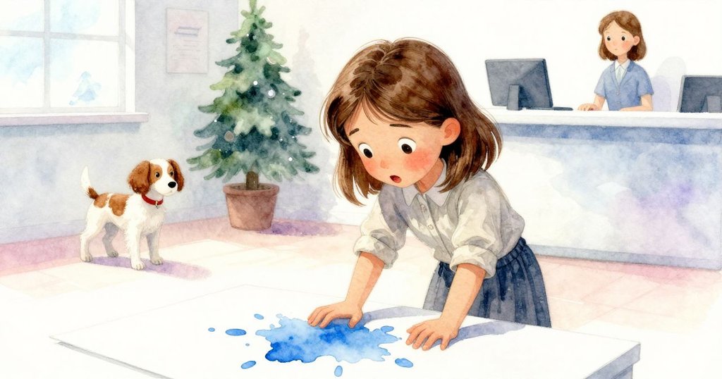 Petra 驚訝觸動筆尖, 藍墨水斑迅速展開, 背景中小狗嬉戲與櫃檯接待員關注, 場景氣氛瞬息變化