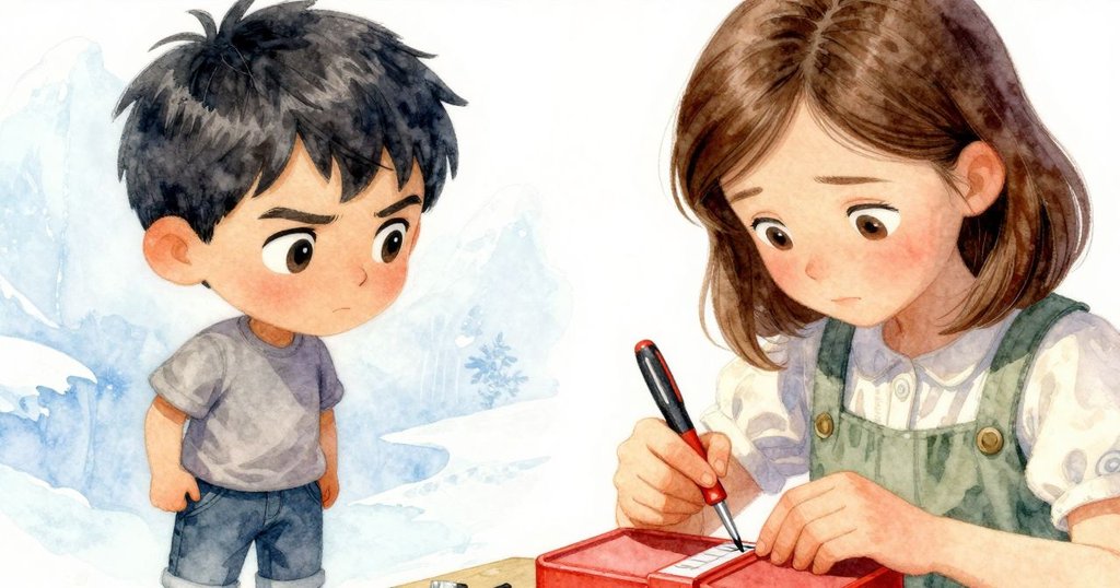 Cole 與 Petra 面部特寫, 手中操作紅色工具箱與螺絲起子, 表情緊張且充滿決心, 修復筆情境生動呈現