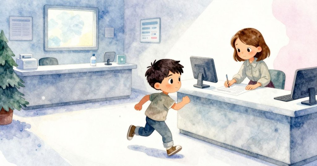 最終場景, Cole 與 Petra 趕往櫃檯領取文件, 桌上留有修復筆與微痕, 夜晚診所散發溫馨落幕感