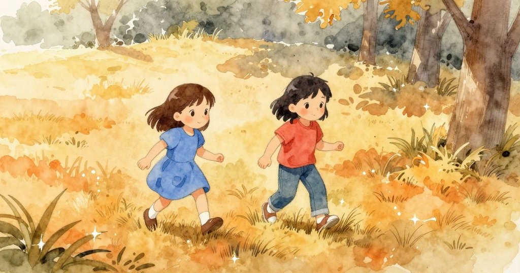 Hana拿著風箏盤踏入草地，Thea展示畫作，公園陽光明媚，羊群隱約出現，預示冒險開始