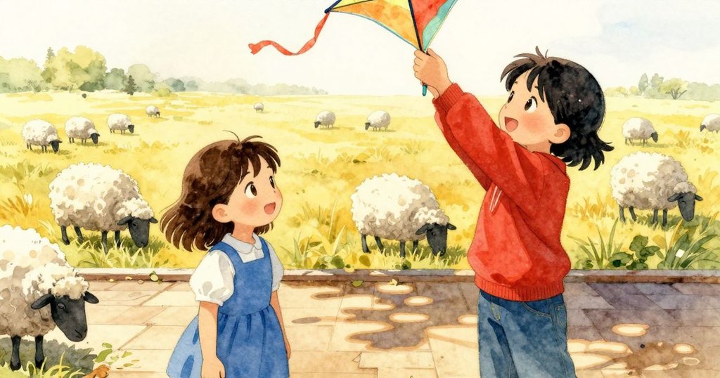 Thea輕握備用風箏骨架，Hana調整飛舞風箏，野餐平台與羊群點綴層次豐富的公園景致