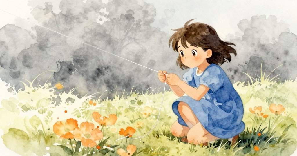 Hana蹲下努力解開纏線，現實與夢幻柔和交融，光線溫柔，充滿希望與堅定的情感