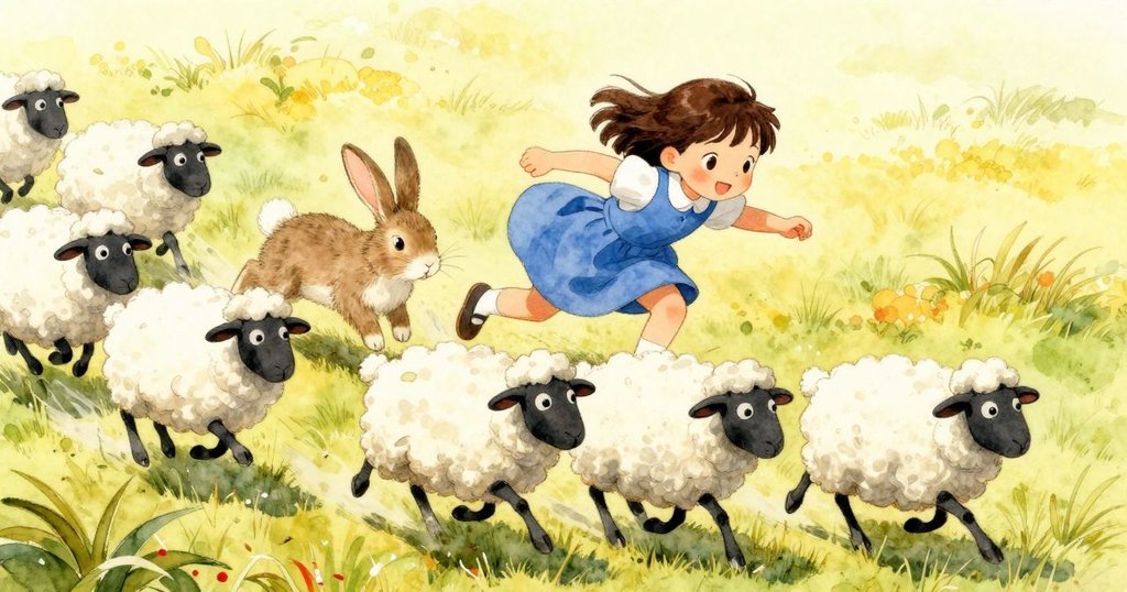 兔子驚慌奔逃，羊群隨即四散奔跑，Hana驚訝中反應迅速，快節奏動態在草地上展現