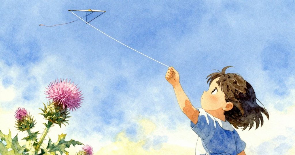 Hana專注地將風箏線扣住刺毛草，風箏優雅上升於點綴光斑的藍天，帶來一份平靜與驚奇