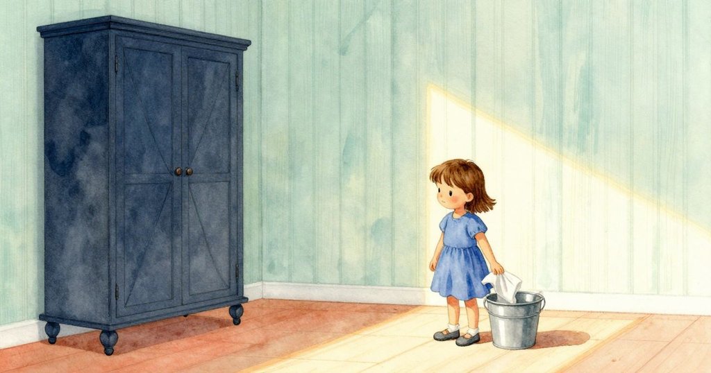 Hazel在室內靜謐時刻準備工作,輕輕沾濕布料,房間充滿陽光,表情專注且平靜,故事開始展開