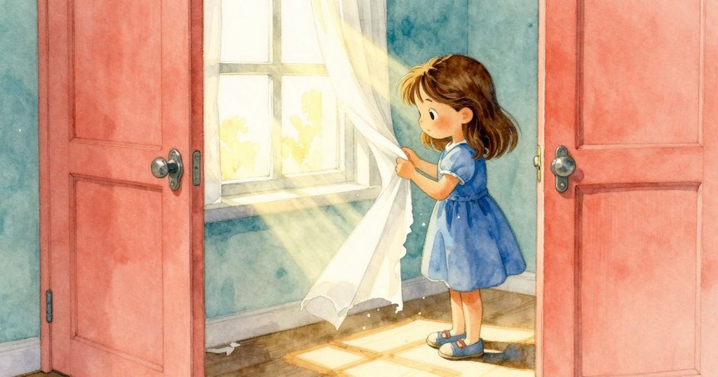 透過開著的衣櫥門窗,Hazel仔細檢查脫落襯紙,金色陽光灑落室內,形成生動畫面,情節逐步發展