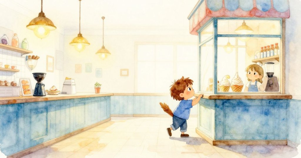 Wren走進溫馨冰淇淋店，臉上流露好奇與期待，店內燈光柔和，背景呈現明亮溫暖的氣氛