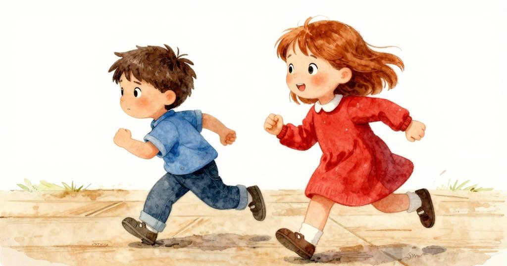 Wren與Oona在木質檯面間急跑，追逐散落的紙巾，腳步輕快，動作生動，場景充滿活力