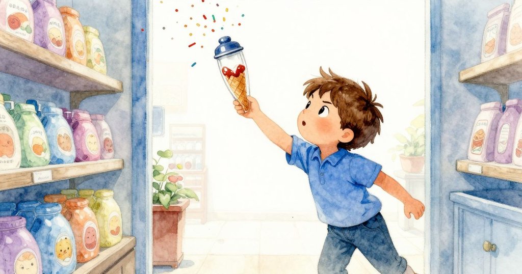 Wren從架子縫隙中緊張伸手，試圖制止滑動的彩虹糖粒罐，背景呈現冰淇淋與柔和燈光細節