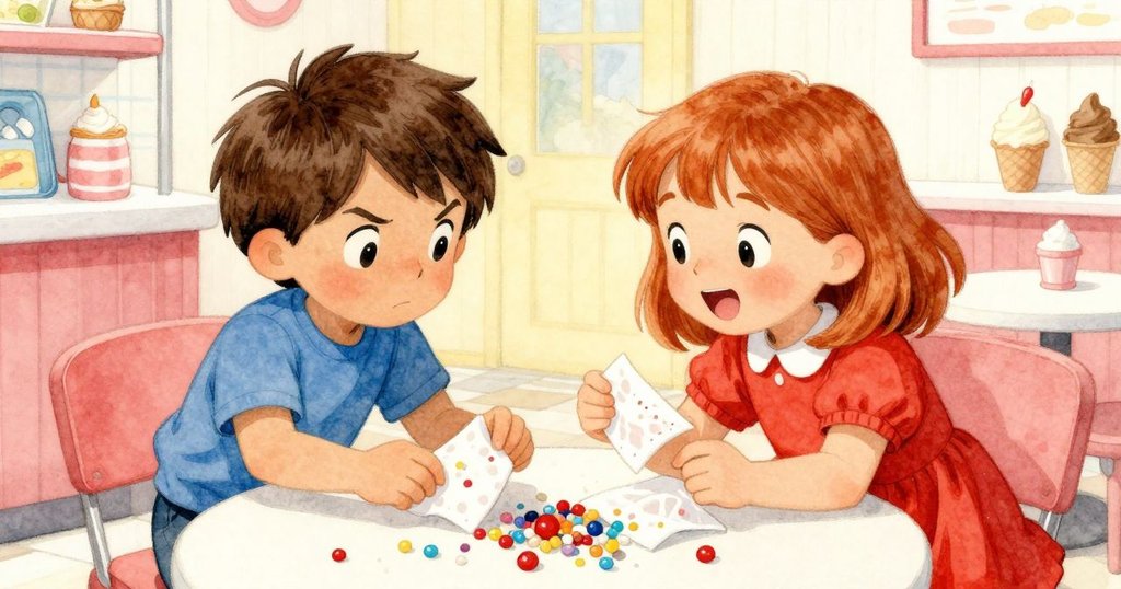 Wren與Oona在櫃檯前互相協助撿拾散落紙巾與糖珠，彼此微笑合作，場景充滿溫馨活力