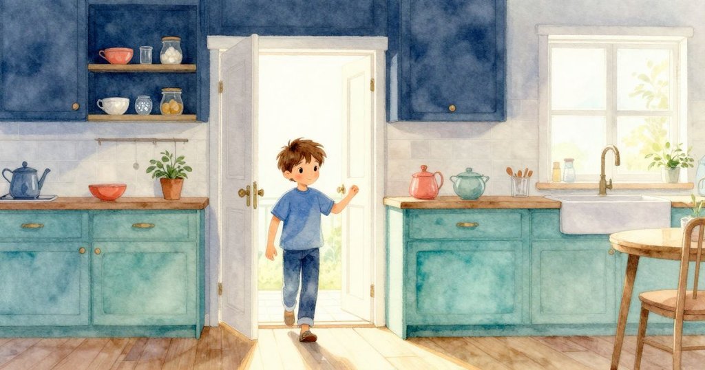 Vance走進明亮廚房，透過開放的門迎接溫暖晨光，臉上充滿期待和輕快心情