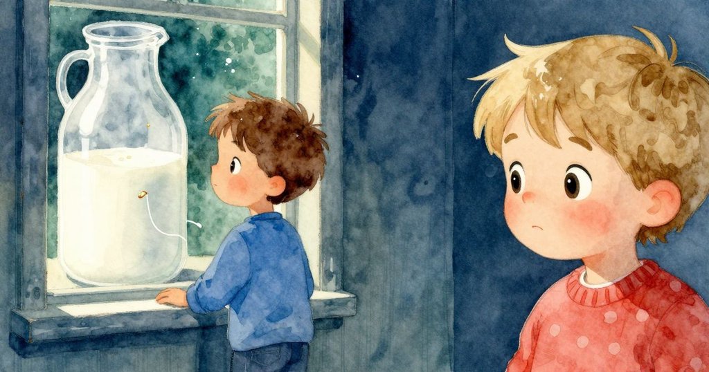 特寫牛奶壺玻璃窗上薄薄牛奶帶與一顆麵包屑滑落，呈現靜謐而細膩的廚房情景