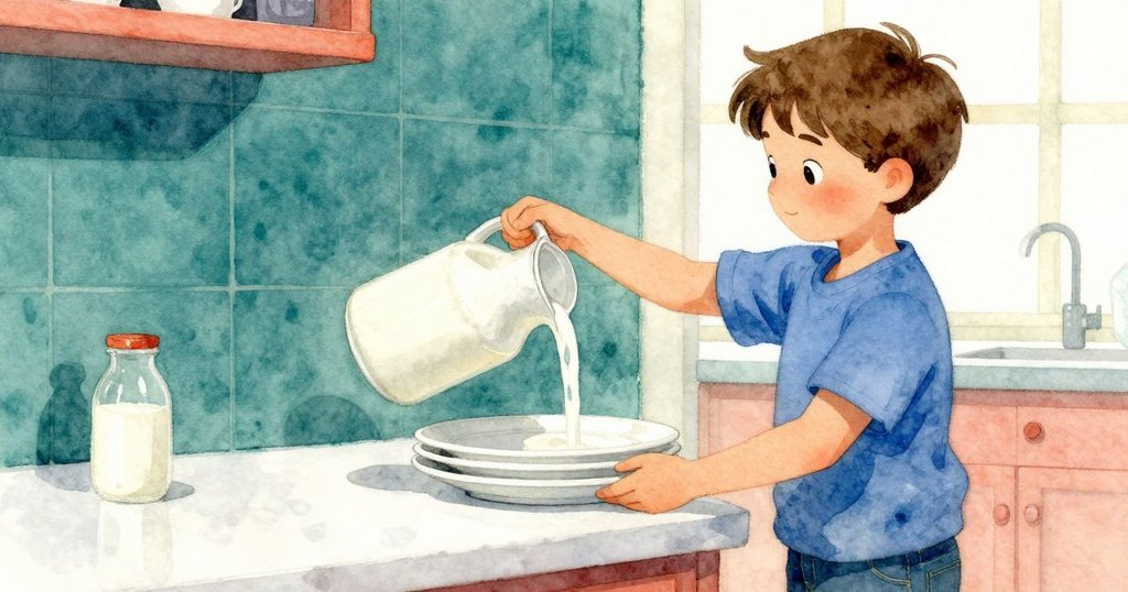 Vance輕柔地提起傾斜牛奶壺，盤子與餐巾架在斜面廚房檯上發生微妙變化，呈現過渡動作