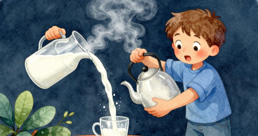 Vance驚訝凝視牛奶壺最後只剩細細牛奶絲，同時水壺散發蒸氣引發連鎖效應