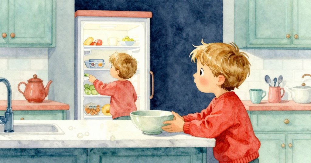 Miles在背景中翻找冰箱，廚房檯面呈現單碗與杯子及湯匙，暗示後續溫馨家居故事發展