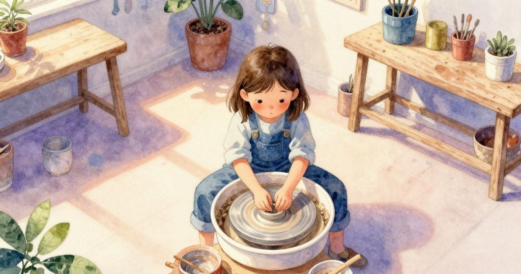 Bea在陶藝工作室中專注準備工具，從上方視角展現整齊擺放的器材與溫暖光線，流露出認真情感。