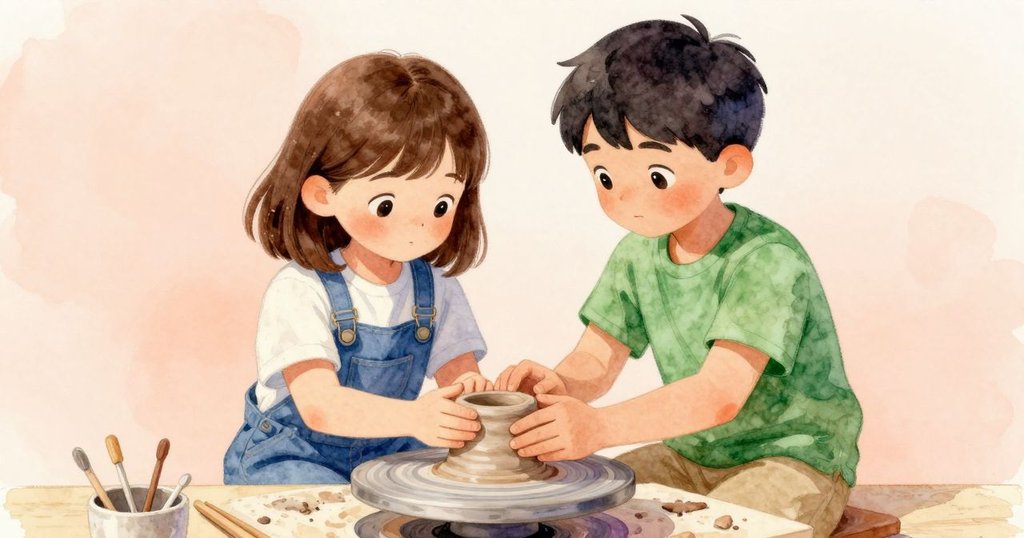 Bea操作踏板使黏土升起，Xavier持海綿協助穩定作品，層次分明的工作室中展現默契合作。