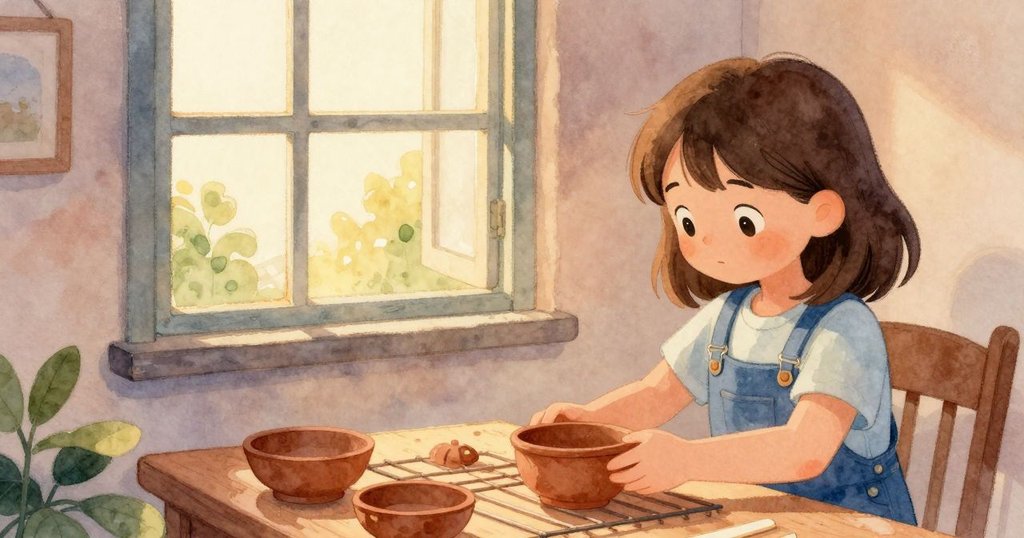 傍晚柔光中，陶碗放於乾燥架上，窗外景致映入室內，Bea輕站一旁表情平靜，氣氛溫馨。