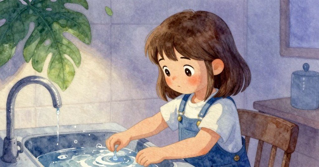 傍晚靜謐房間中，濺水盤上孤滴硬化黏土引人沉思，Bea在遠處默觀，氣氛深邃且充滿藝術意境。