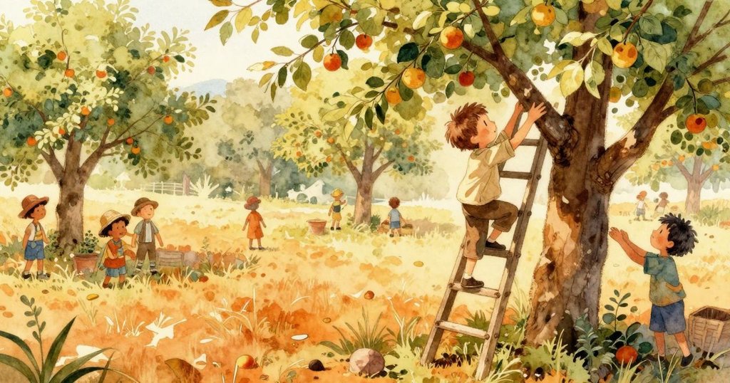 布萊爾在果園中設置梯子，周圍有其他孩子採摘梨子，展現活潑與溫暖的早晨氣氛