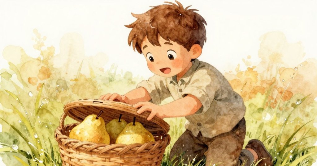 布萊爾小心滑動木蓋遮住籃中梨子，細膩展現他保護果實的細心與周圍自然環境