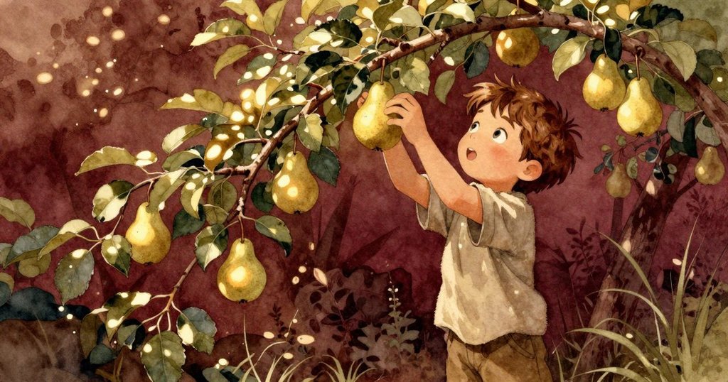 布萊爾透過樹葉縫隙觀察彈性的樹枝，思索如何摘下高掛的金色梨子，臉上流露專注神情