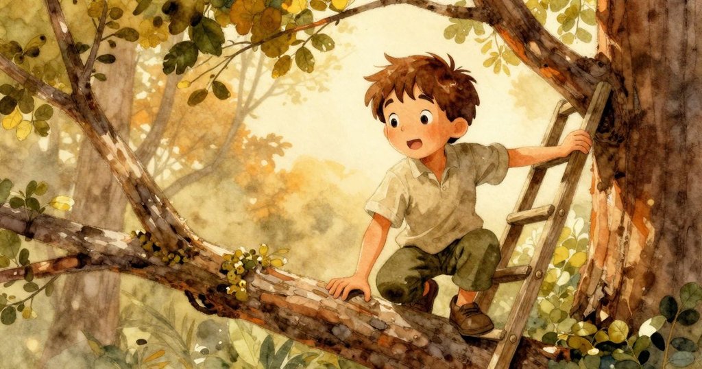 布萊爾跪在樹下巧妙地利用梯子支撐彎曲樹枝，捕捉過渡時刻的平衡與靈感