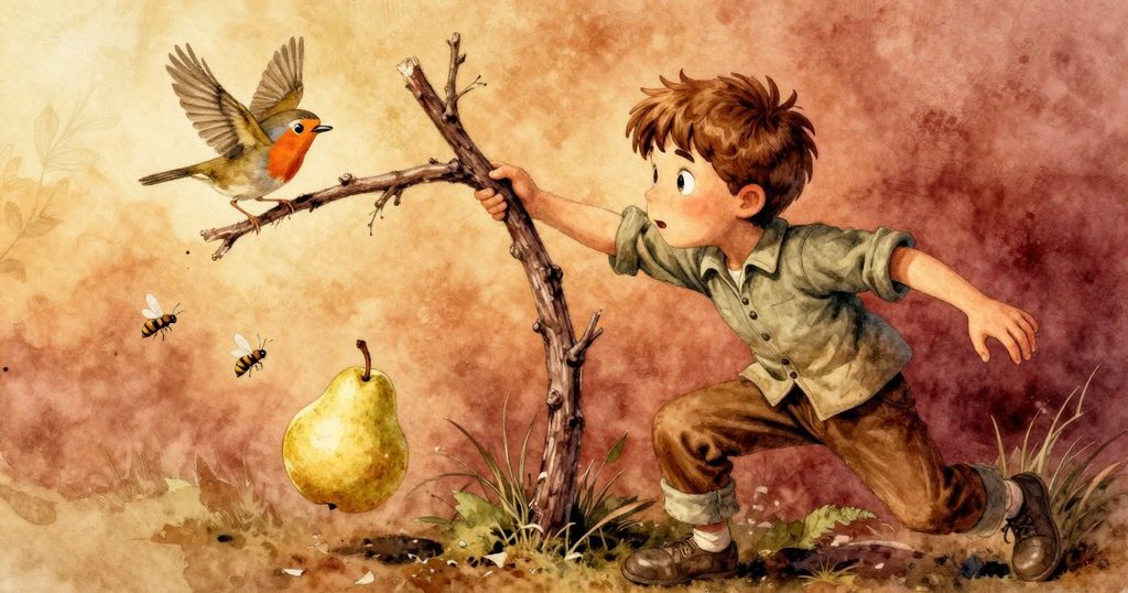 布萊爾旁邊的樹枝猛然回彈，驚飛的知更鳥和盤旋的黃蜂交織出激動瞬間，梨子正緩緩下落